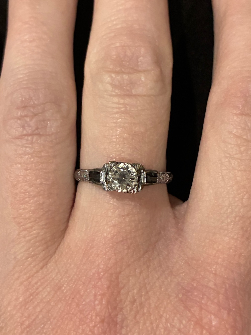 Antique Art Deco Clear & Black Paste Rhinestone Ring